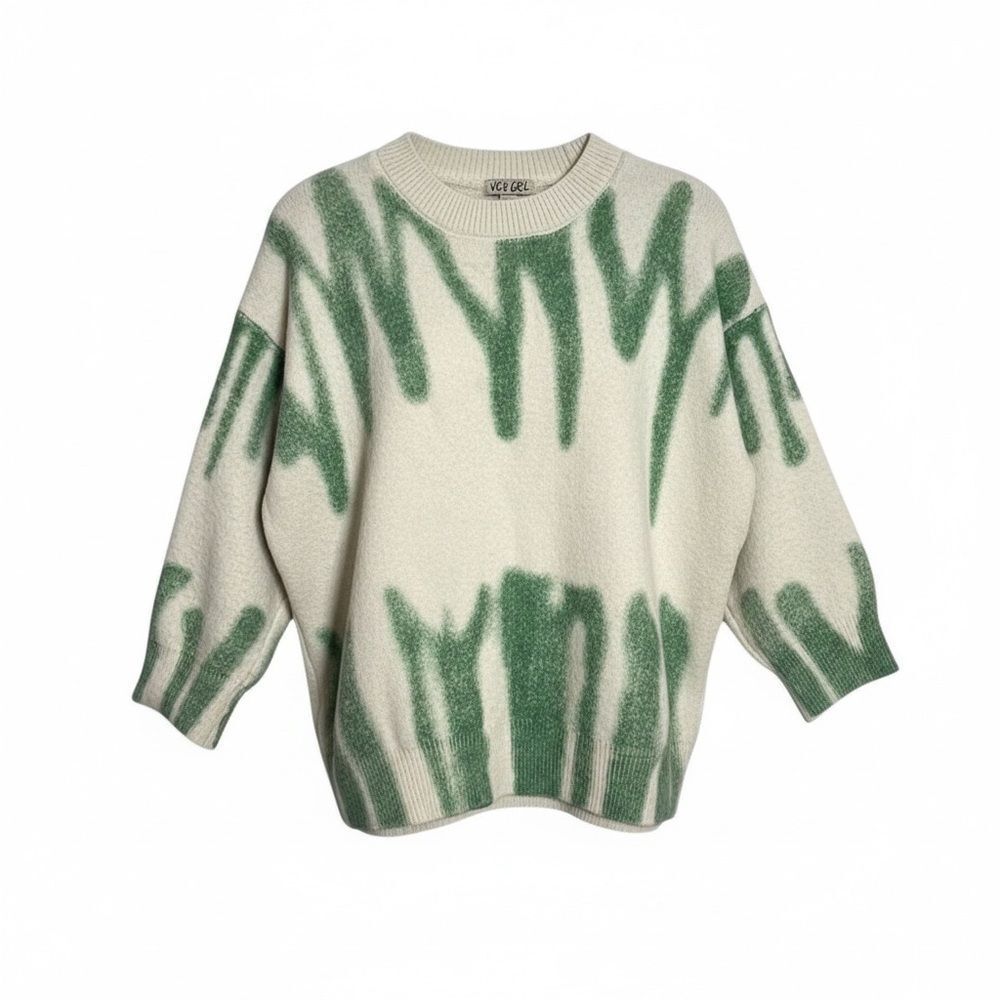 VRG GRL Crew Neck Dropped Shoulder Pullover Sweater Cream Green Medium/Large